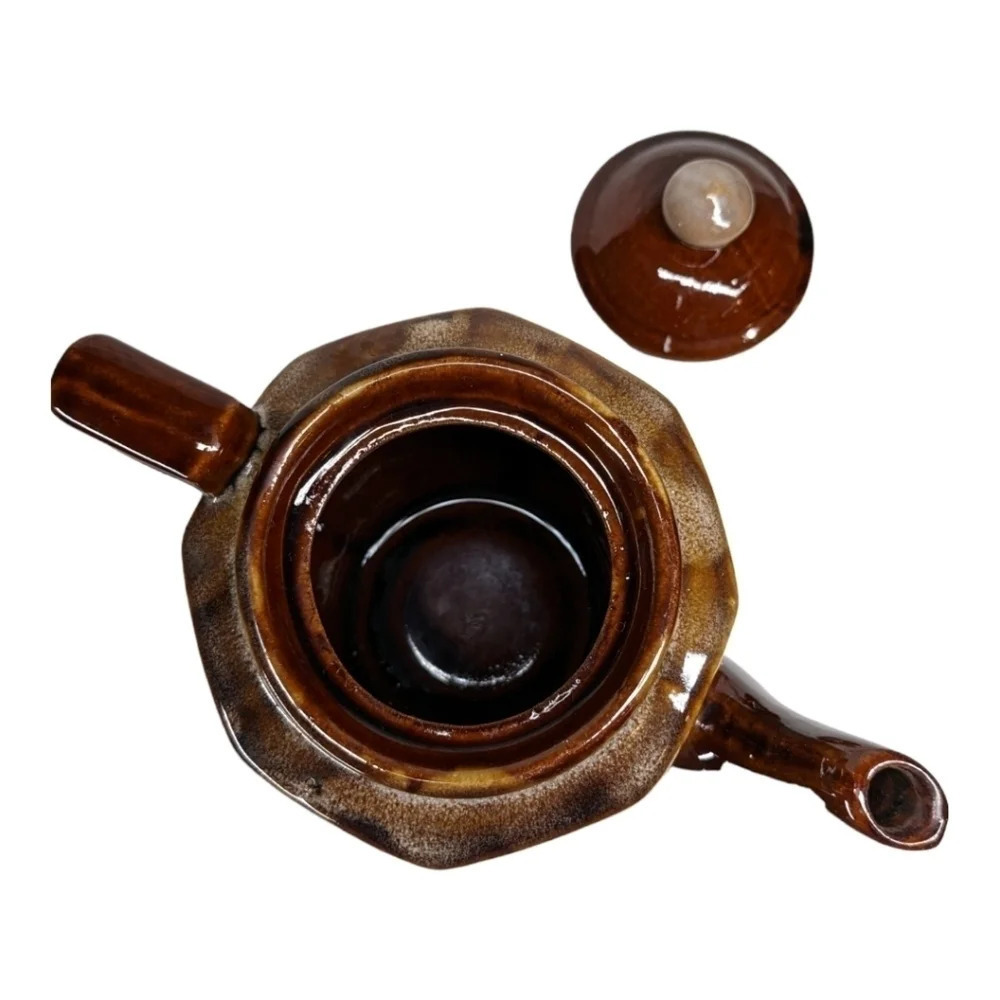 Vintage Retro  Octagonal Teapot 4 Cups 3-Tone Brown Drip Glaze - Picture 8 of 10
